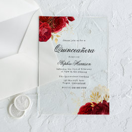 Classic Elegante Rote Rose & Gold Quinceanera Acryleinladungen