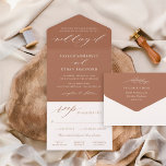 Classic Elegante Terracotta Wedding All In One Einladung<br><div class="desc">Klassische und elegante Terracotta in einer Hochzeitseinladung ist eine einmalige Dreifach-Einladungs-Option, die sich selbst eingeschlossen, verschlossen und mit einer abnehmbaren UAWG-Postkarte an die Gäste verschickt, ohne Umschläge zu benötigen! Das Design zeichnet sich durch moderne Akzente in der Kalligraphie mit klassischer Typografie aus. Die Gastadresse kann auf der Rückseite eingeschlossen werden...</div>