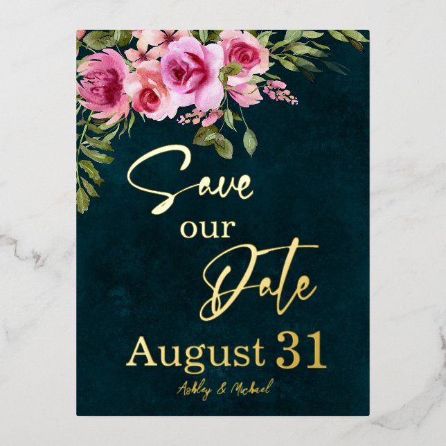 Classic Emerald Green Burgundy Dark Moody Wedding Folie Einladungspostkarte (Vorderseite)