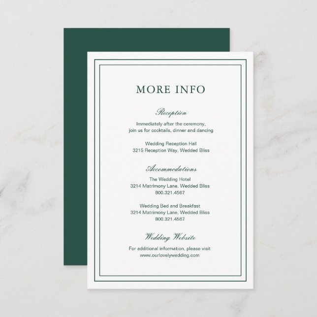 Classic Emerald Green Elegant Wedding Begleitkarte (Vorne/Hinten)
