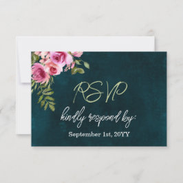 Classic Emerald Green Floral Dark Moody Wedding RSVP Karte