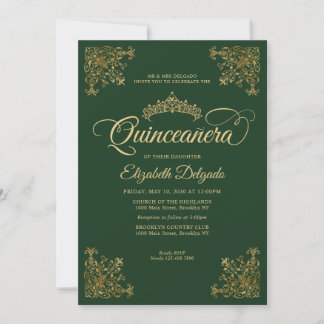 Classic Emerald Green Gold Frame Tiara Quinceanera Einladung