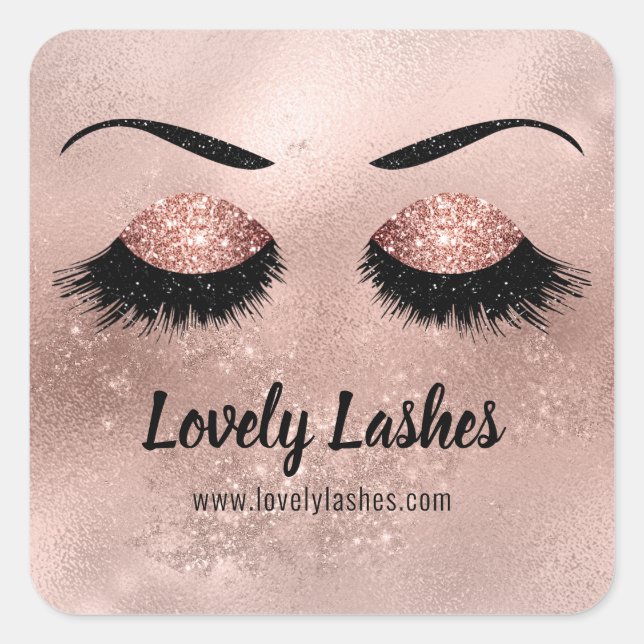 Classic Eye Lashes Rose Gold Sparkle Glitzer Logo Quadratischer Aufkleber (Vorderseite)