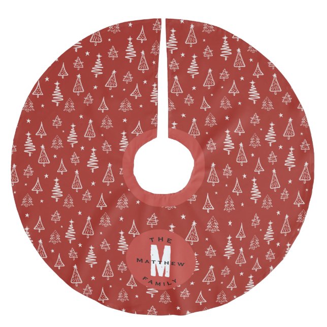 Classic Family Red Christmas Tree Monogram Polyester Weihnachtsbaumdecke (Vorderseite)