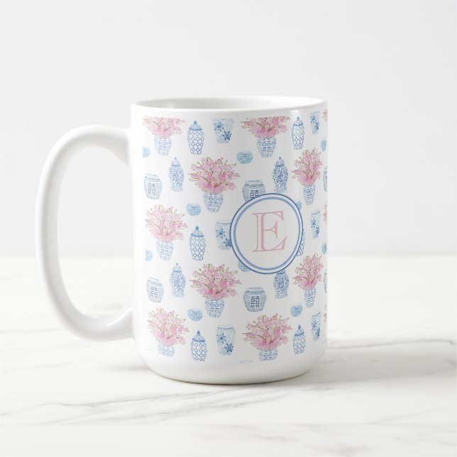 Classic Feminine Pink and Blue Ginger Jar Monogram Kaffeetasse (Links)