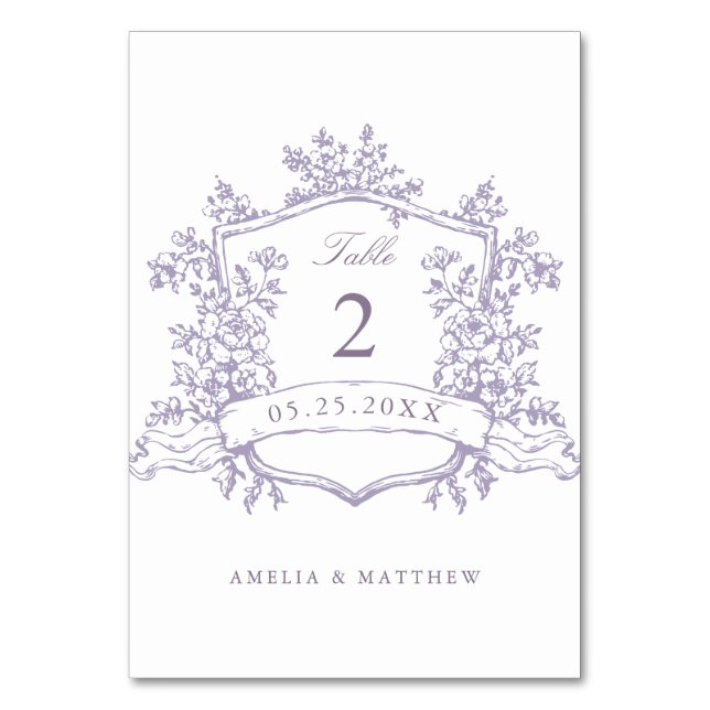 Classic Floral Crest Lavender Wedding Tischnummer (Vorderseite)