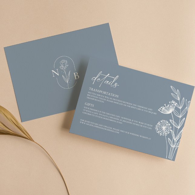 Classic Floral Dusty Blue Wedding Minimalistisch Begleitkarte (Von Creator hochgeladen)