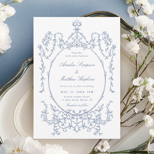 Classic Floral Frame Dusty Blue Wedding            Einladung (Von Creator hochgeladen)