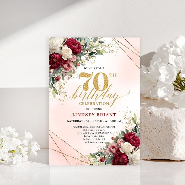 Classic Floral Gold 70th Birthday Party Invitation Einladung (Classic Floral Gold 70th Birthday Party Invitation)