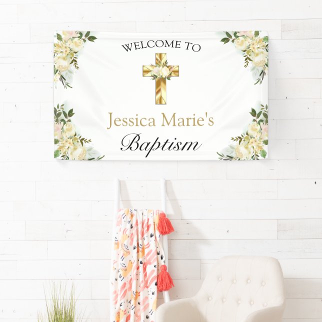 Classic Floral Gold Cross Taufe Willkommen Banner (Insitu)