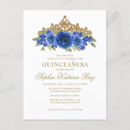 Classic Floral Royal Blue Gold Tiara Quinceañera Postkarte