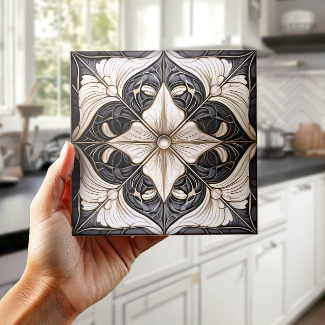 Classic Floral Tile Pat#11 Black Ivory Wht ID1078 Fliese (Von Creator hochgeladen)