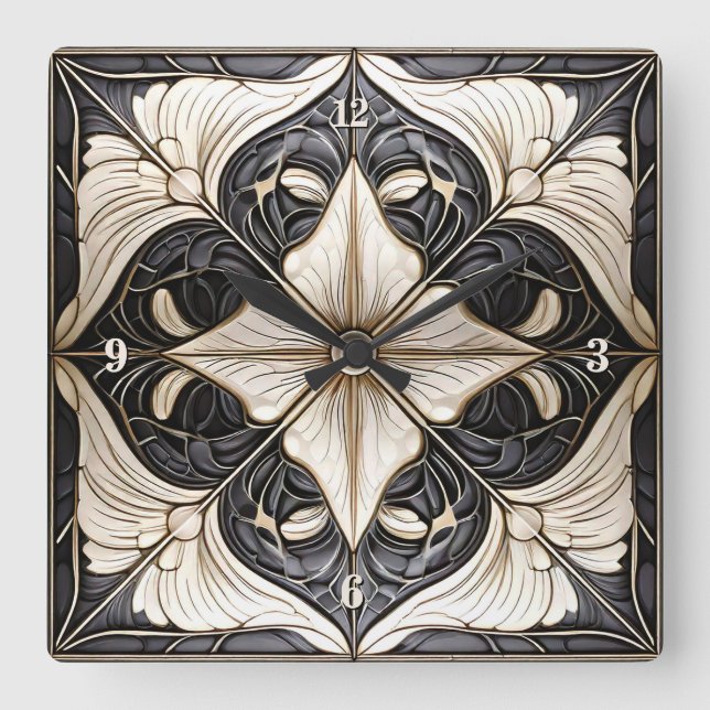 Classic Floral Tile Pat#11 Black Ivory Wht ID1078 Quadratische Wanduhr (Vorderseite)