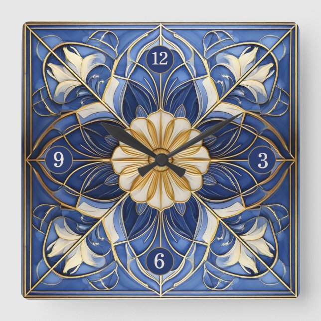 Classic Floral Tile Pat#12 Blue Yellow ID1078 Quadratische Wanduhr (Vorderseite)