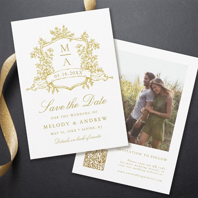 Classic Floral Wappen Gold Wedding Foto Save The Date (Front & Back)