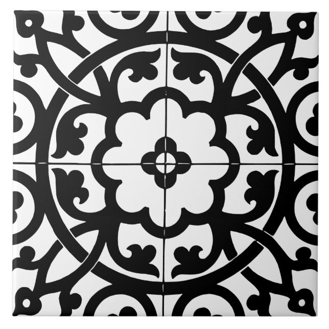 Classic Flower Line Art Floral Black & White Fliese (Vorderseite)