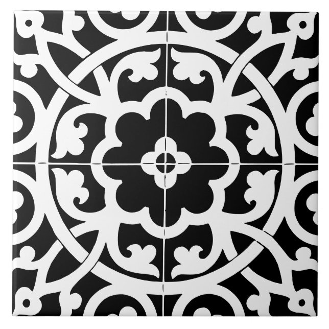 Classic Flower Line Art Floral Black & White Fliese (Vorderseite)