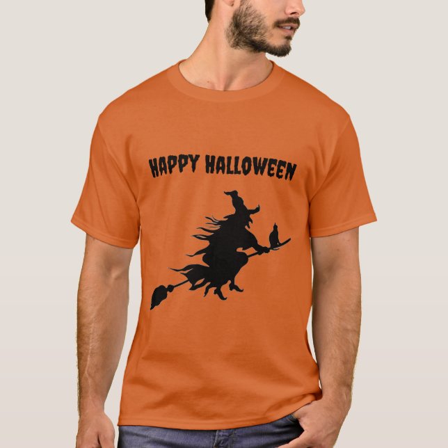 Classic Flying Witze auf Broom mit Cat Halloween T-Shirt (Vorderseite)
