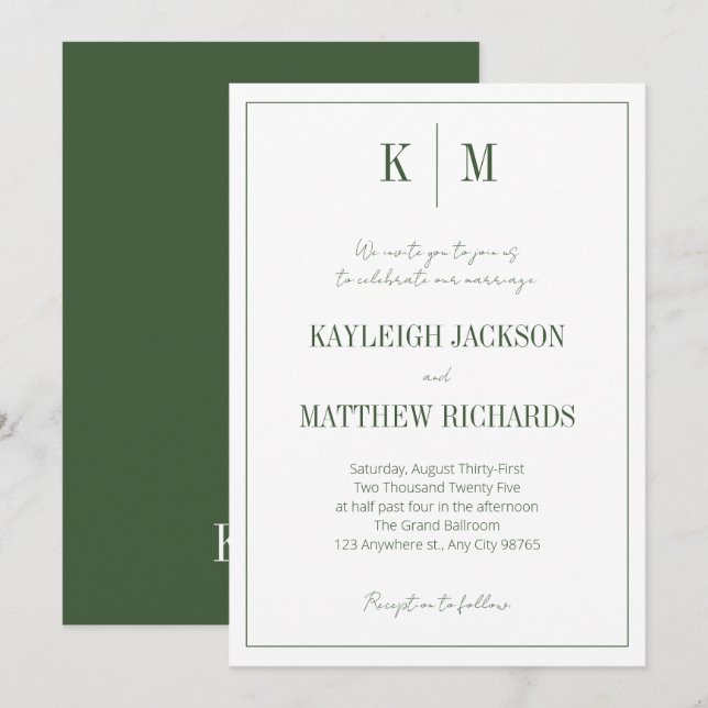 Classic Forest Green Monogram Elegant Wedding Einladung (Vorne/Hinten)