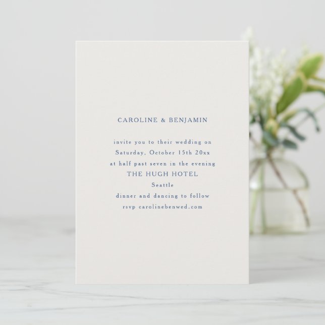 Classic Formal Blue and White Minimalist Wedding Einladung (Stehend Vorderseite)