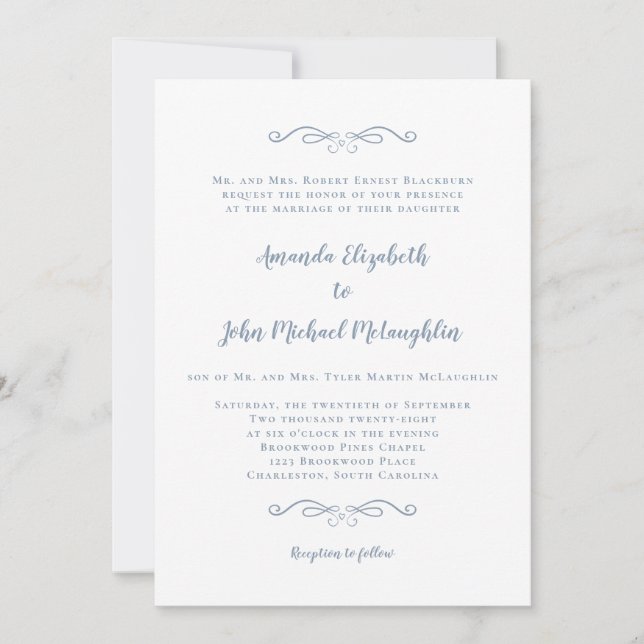 Classic formale Elegant Dusty Blue Script Wedding Einladung (Vorderseite)