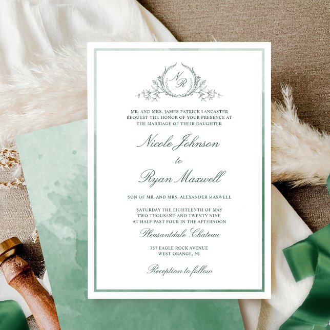 Classic formale Monogram Green Watercolor Wedding Einladung (Von Creator hochgeladen)