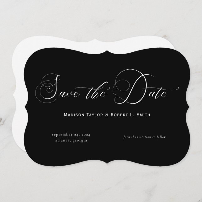 Classic formale Solid Black Calligraphy Wedding Save The Date (Vorne/Hinten)