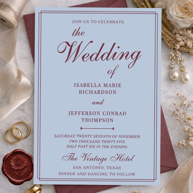 Classic French Blue & Burgundy Old Money Wedding Einladung (Von Creator hochgeladen)