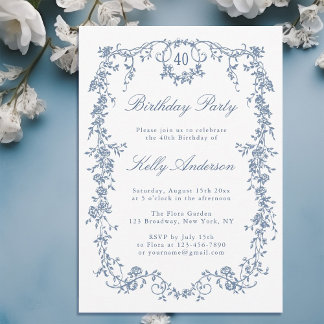 Classic French Blue Floral 40. Geburtstag Party Einladung