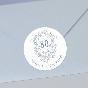 Classic French Blue Floral Wappen 80. Geburtstag Runder Aufkleber