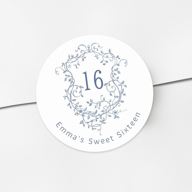Classic French Blue Floral Wappen Sweet 16 Birthda Runder Aufkleber (Von Creator hochgeladen)