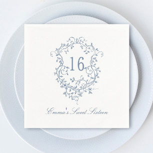 Classic French Blue Floral Wappen Sweet 16 Birthda Serviette