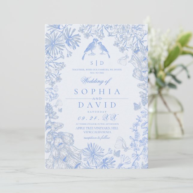  Classic French Blue Floral Wedding  Einladung (Stehend Vorderseite)
