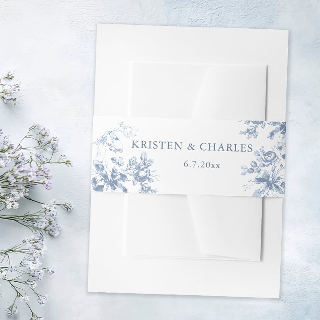 Classic French Blue Flowers & Ribbons Wedding Einladungsbanderole (Von Creator hochgeladen)