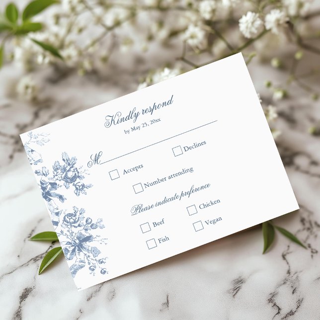 Classic French Blue Flowers & Ribbons Wedding RSVP Karte (Von Creator hochgeladen)
