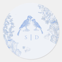 Classic French Blue White Floral Birds Wedding Runder Aufkleber