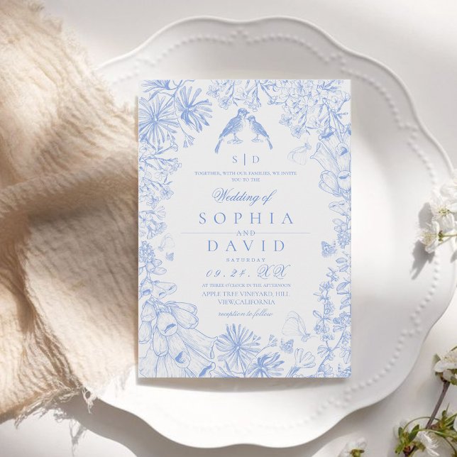  Classic French Blue White Floral Wedding  Einladung (Von Creator hochgeladen)