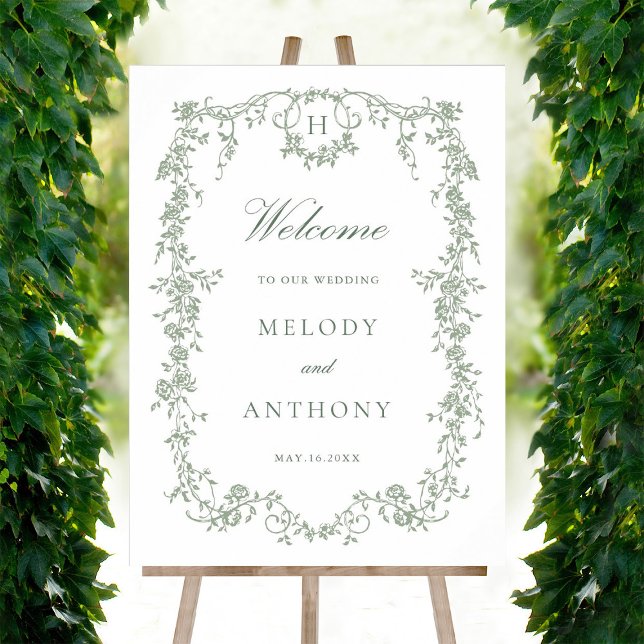 Classic French Floral Sage Green Wedding Willkomme Poster (Von Creator hochgeladen)