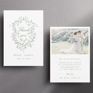 Classic French Sage Green Floral Wappen Foto Dankeskarte