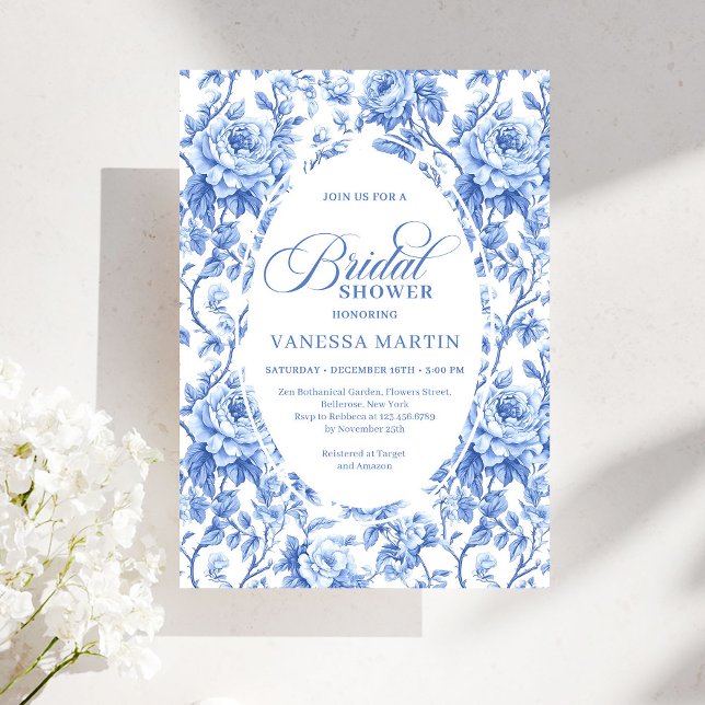 Classic French Toile de Jouy Navy Bridal Shower  Einladung (Classic French Toile de Jouy Navy Bridal Shower Invite)