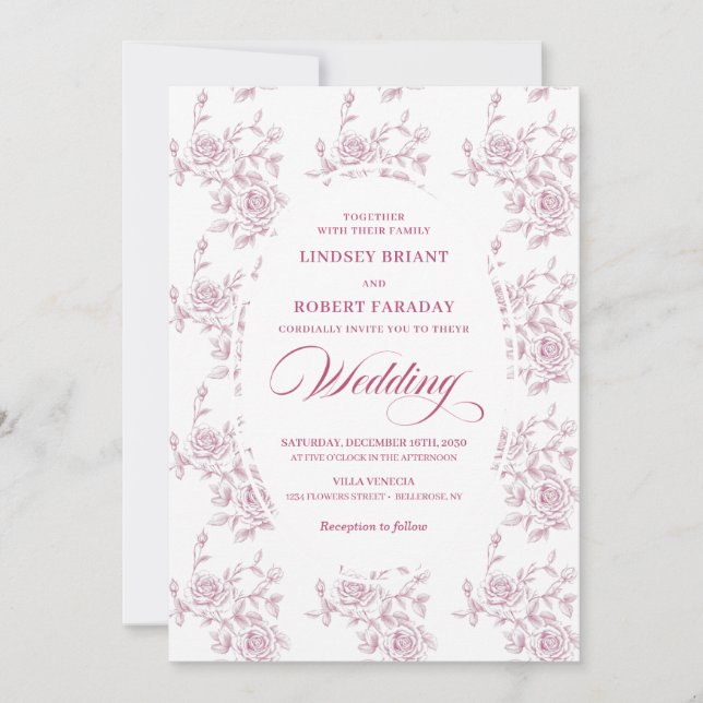 Classic French Toile Roses Wedding Invitation Einladung (Vorderseite)