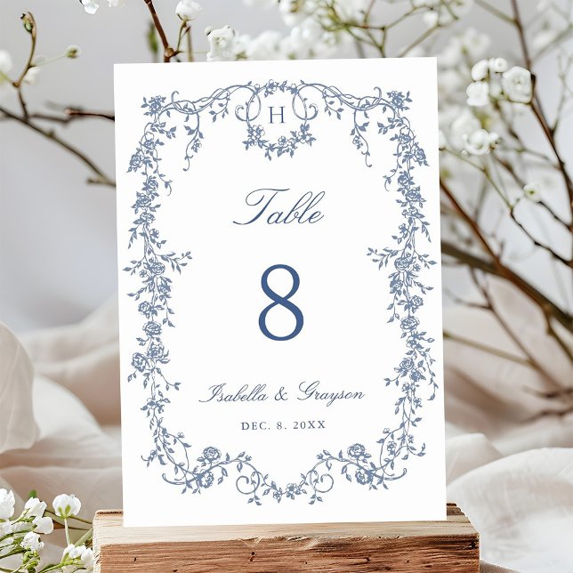 Classic French Victorian Blue Frame Wedding Tischnummer (Von Creator hochgeladen)