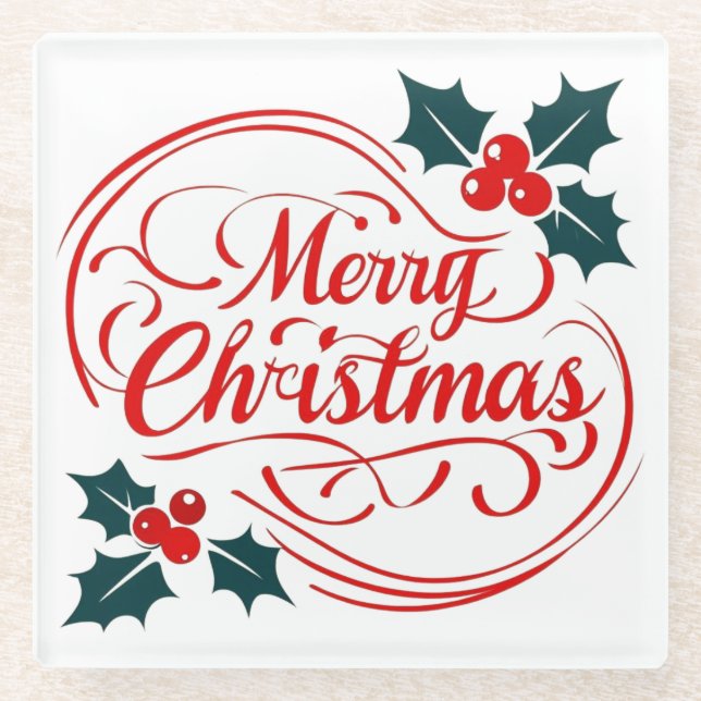 Classic Frohe Weihnachten Holly Berry Holiday Art Glasuntersetzer (Vorderseite)