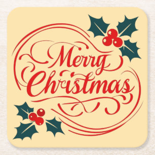 Classic Frohe Weihnachten Holly Berry Holiday Art Rechteckiger Pappuntersetzer