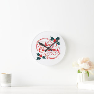 Classic Frohe Weihnachten Holly Berry Holiday Art Runde Wanduhr