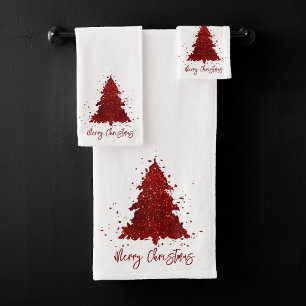 Classic Frohe Weihnachten   Rich Crimson Red Tree Badhandtuch Set