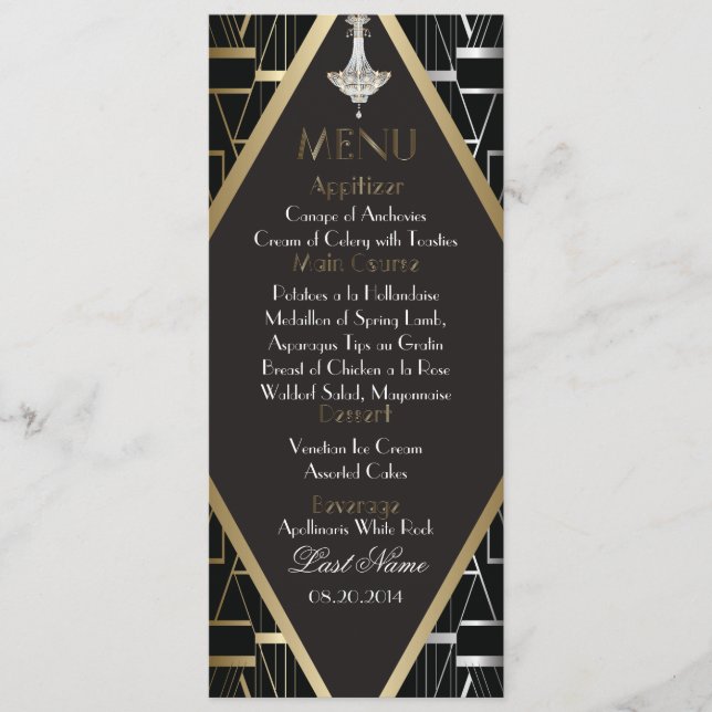 Classic Gatsby Deko Wedding Menu Chandelier Menükarte (Vorderseite)