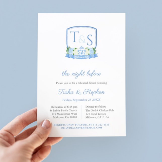 Classic Ginger Jar Wappen Wedding Probe Einladung (Elegant Blue And White Ginger Jar Hydrangeas Crest Wedding Rehearsal And Dinner Invitation)