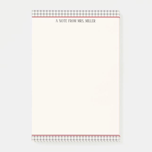 Classic Gingham Personalisiert Teacher Post-it Klebezettel (Vorderseite)
