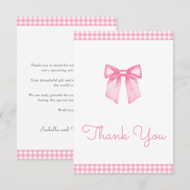 Classic Gingham Pink Bow Baby Shower Dankeskarte (Vorne/Hinten)